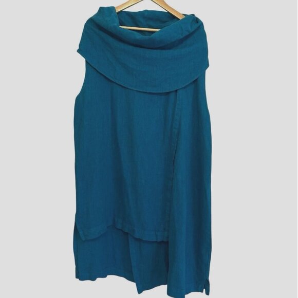 bryn Walker Tops - Bryn Walker Women's 1X Cowl Neck LINEN Blue Lagenlook PLUS Sleeveless Tunic Top